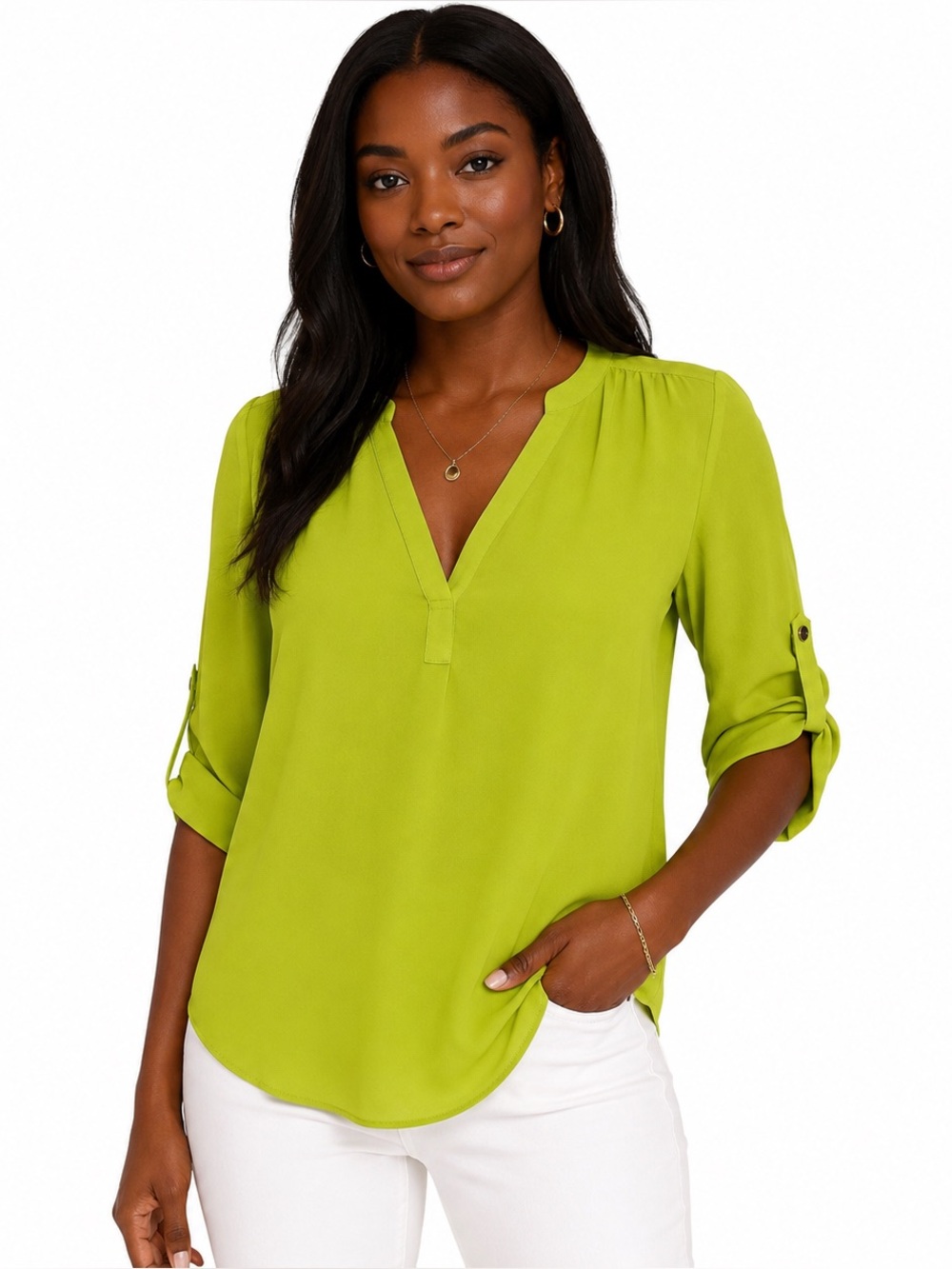 MITTOSHOP Lime Green V-Neck Roll Tab Blouse Size Small